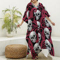 Red Octopus Skull Pattern Print Silk V-Neck Kaftan Dress