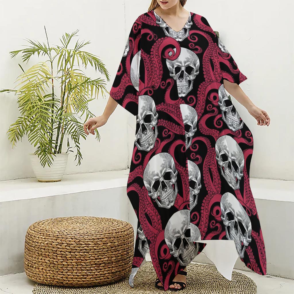 Red Octopus Skull Pattern Print Silk V-Neck Kaftan Dress