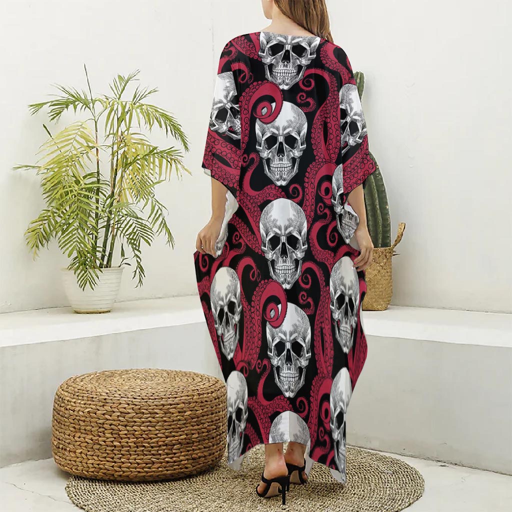 Red Octopus Skull Pattern Print Silk V-Neck Kaftan Dress