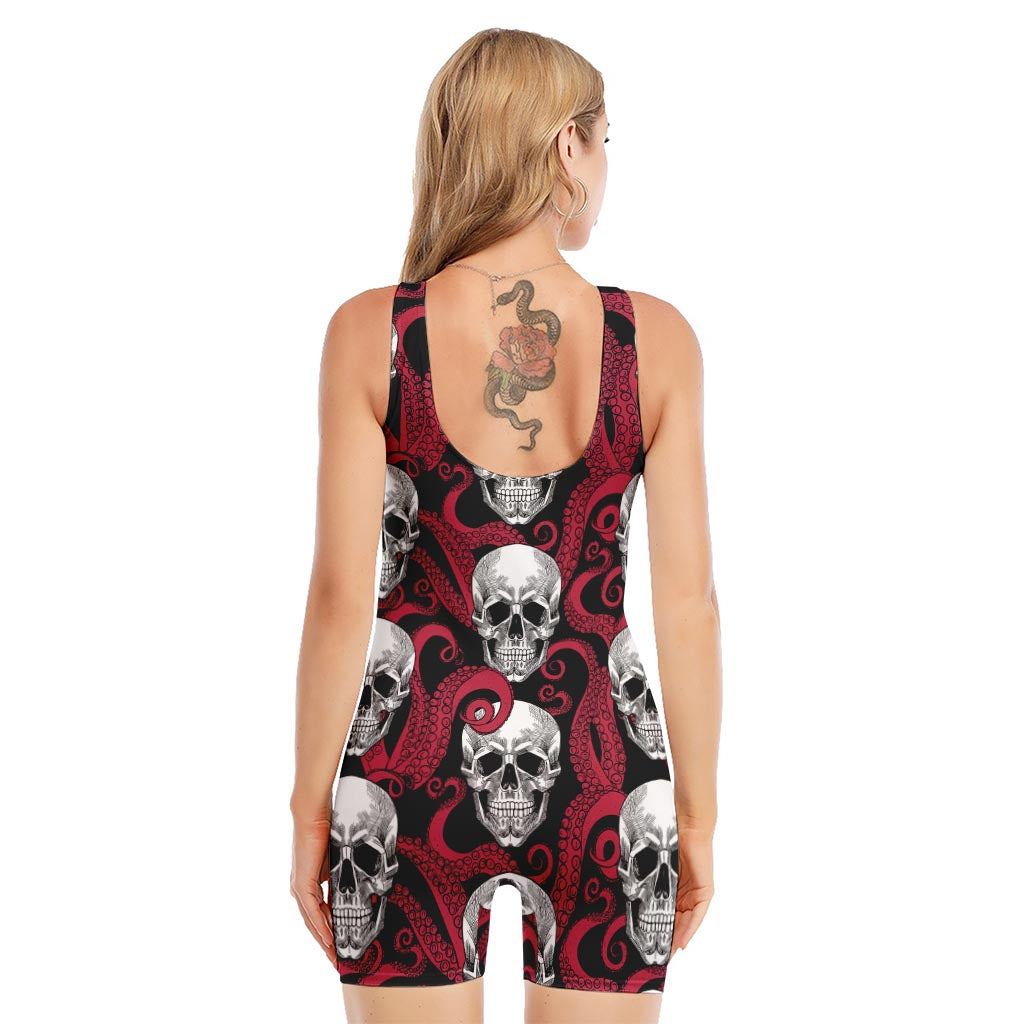 Red Octopus Skull Pattern Print Sleeveless One Piece Swimsuit