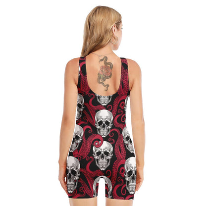 Red Octopus Skull Pattern Print Sleeveless One Piece Swimsuit