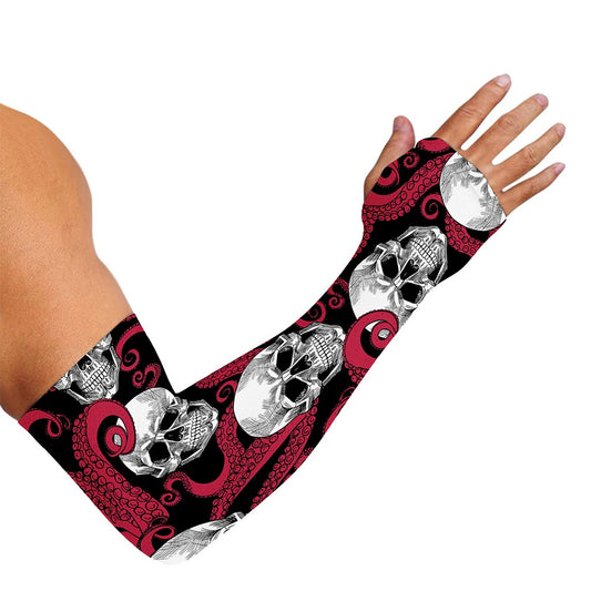 Red Octopus Skull Pattern Print Sun Protection Arm Sleeves