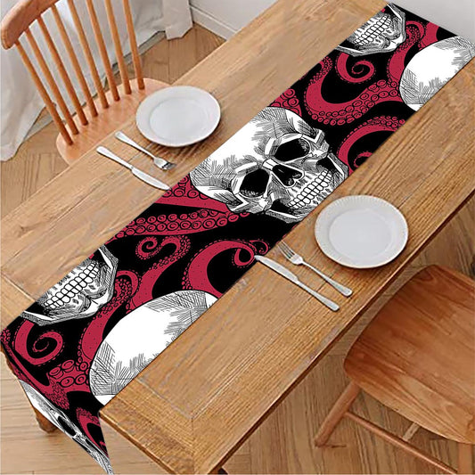 Red Octopus Skull Pattern Print Table Runner