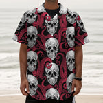 Red Octopus Skull Pattern Print Textured Short Sleeve Shirt