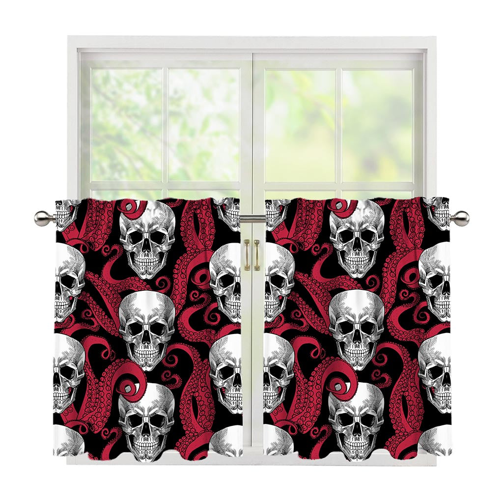 Red Octopus Skull Pattern Print Tier Curtains