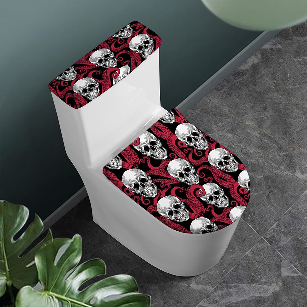 Red Octopus Skull Pattern Print Toilet Lid And Tank Cover Set