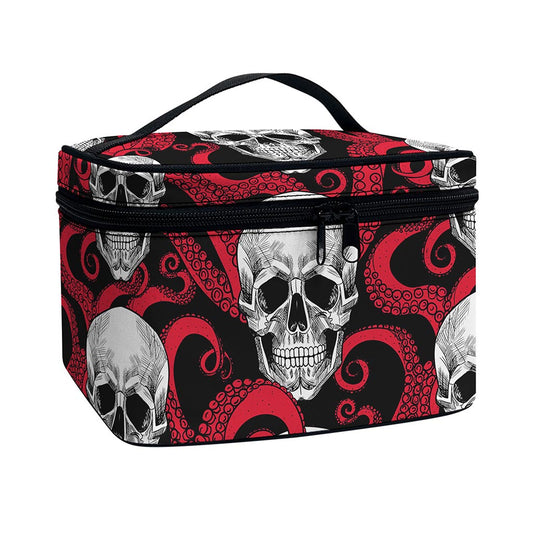 Red Octopus Skull Pattern Print Travel Makeup Bag