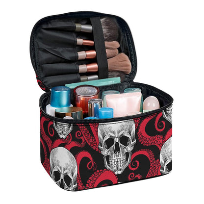 Red Octopus Skull Pattern Print Travel Makeup Bag