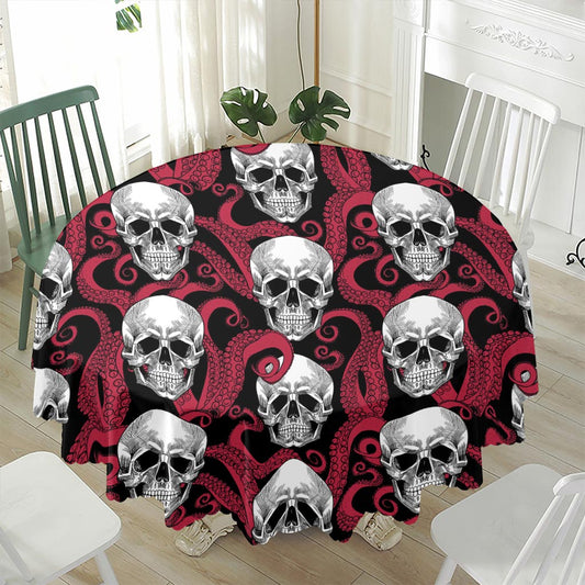Red Octopus Skull Pattern Print Waterproof Round Tablecloth