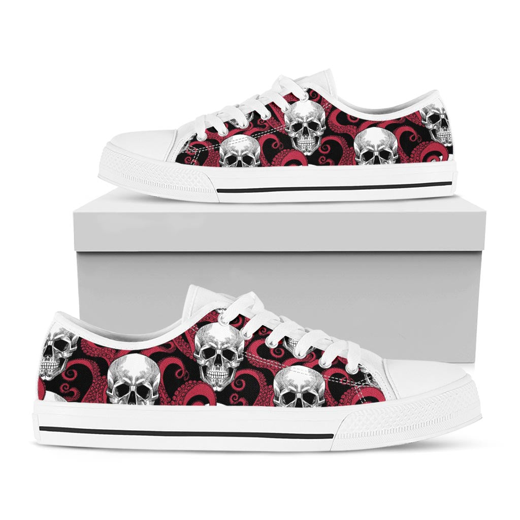 Red Octopus Skull Pattern Print White Low Top Sneakers
