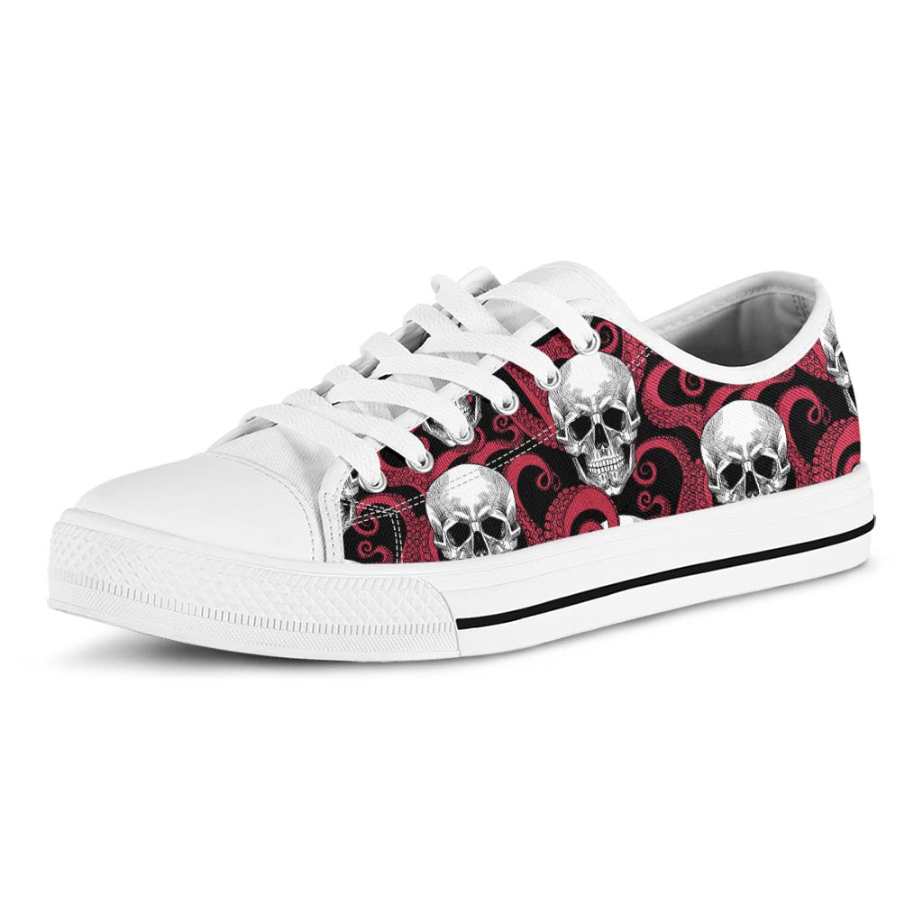 Red Octopus Skull Pattern Print White Low Top Sneakers