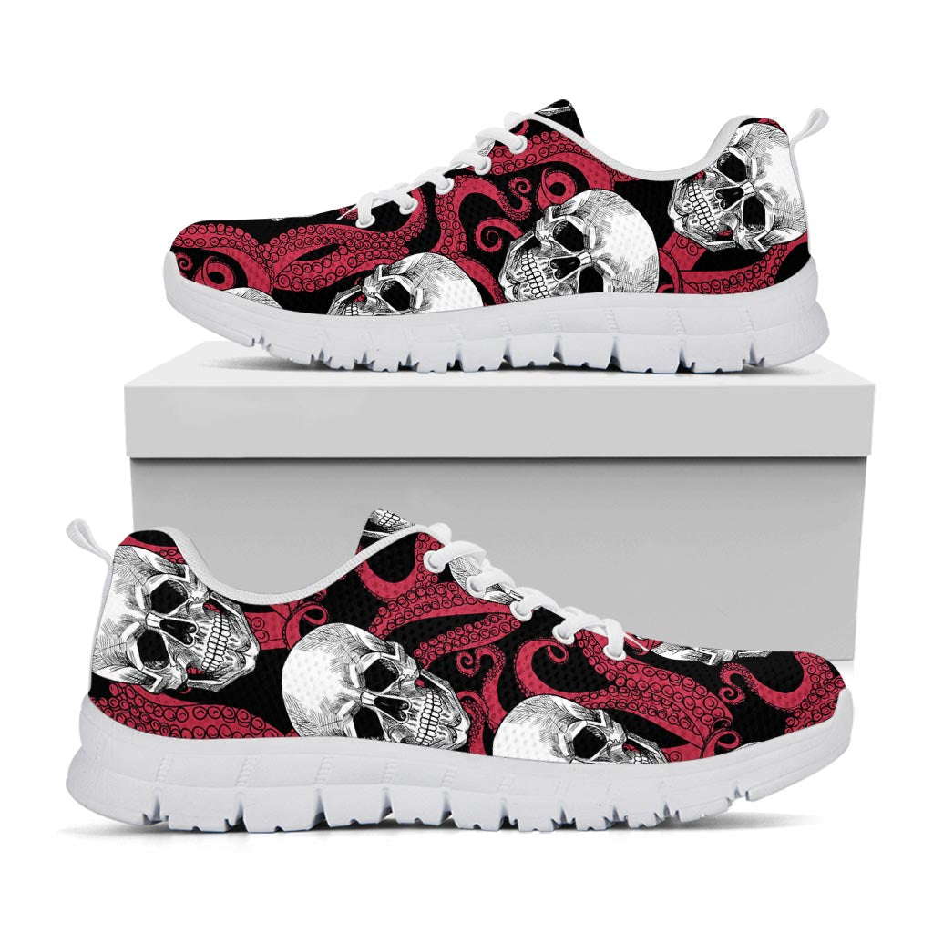 Red Octopus Skull Pattern Print White Running Shoes