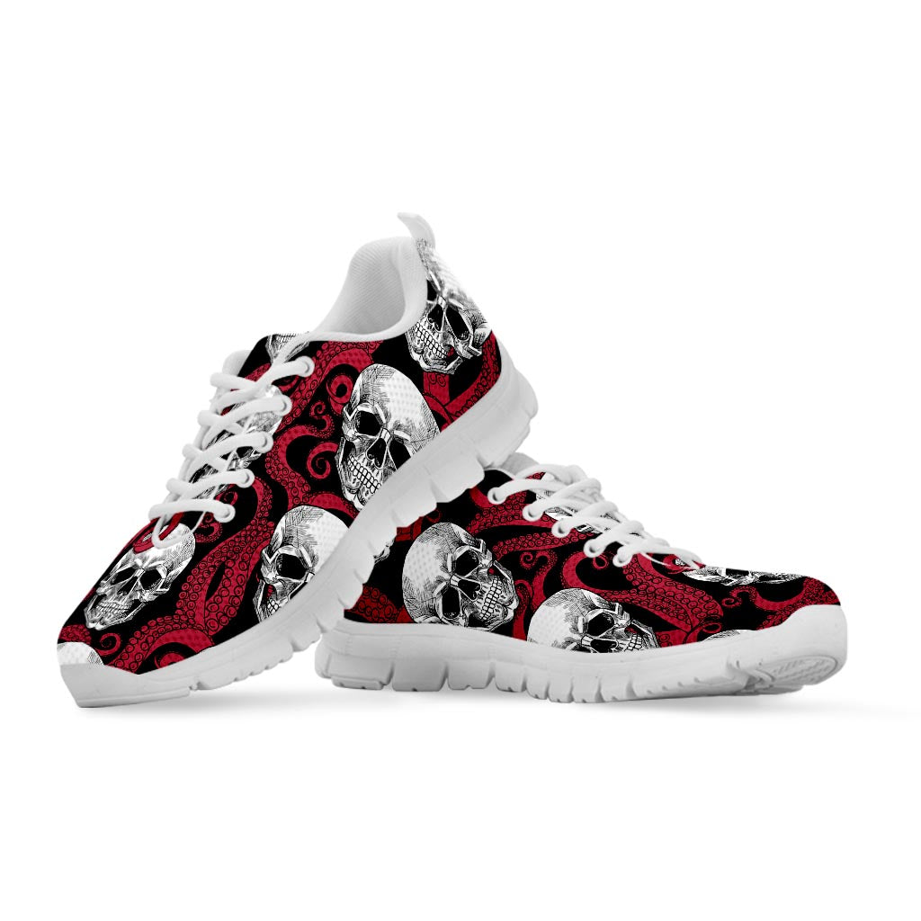 Red Octopus Skull Pattern Print White Running Shoes