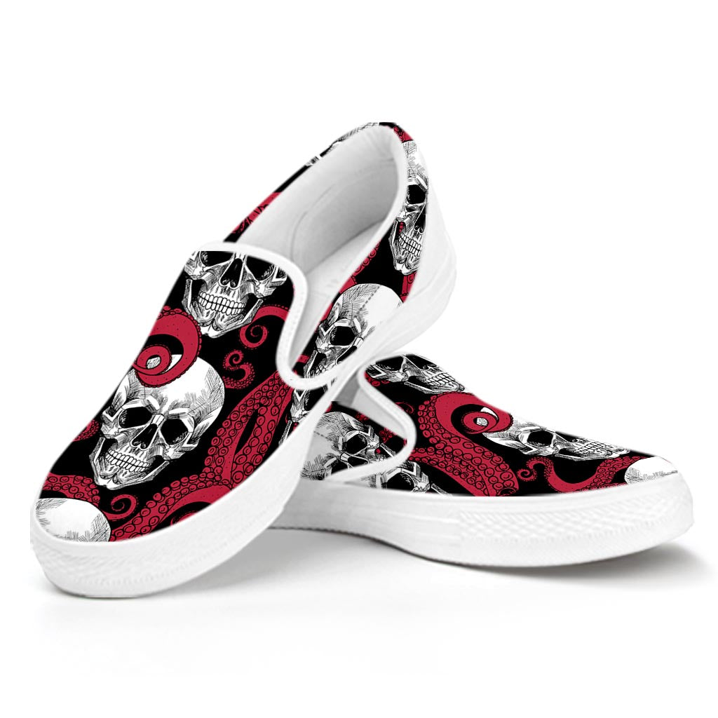 Red Octopus Skull Pattern Print White Slip On Sneakers