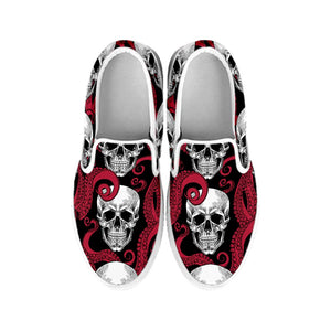 Red Octopus Skull Pattern Print White Slip On Sneakers