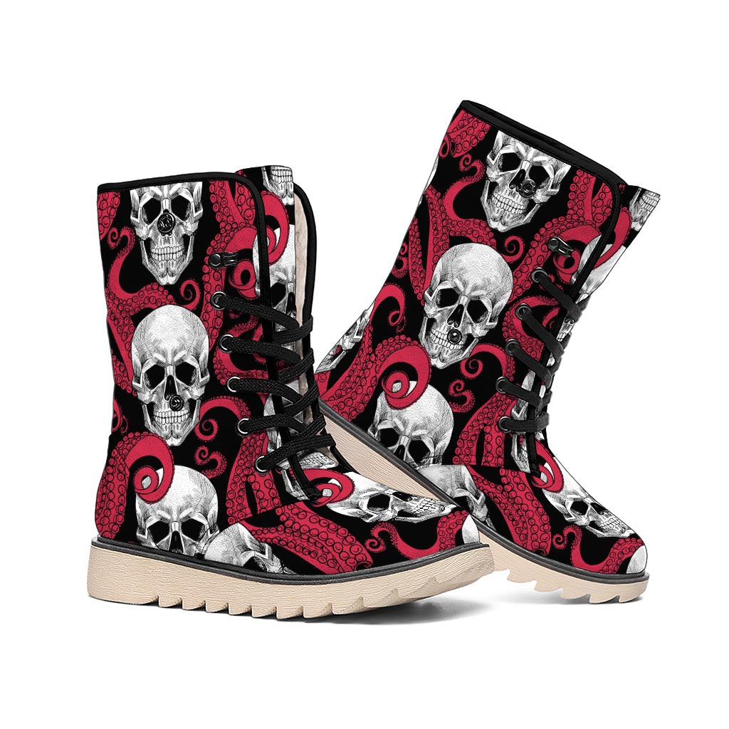 Red Octopus Skull Pattern Print Winter Boots