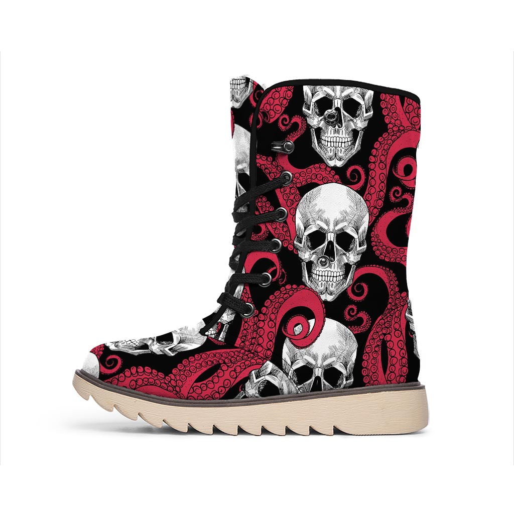 Red Octopus Skull Pattern Print Winter Boots