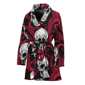 Red Octopus Skull Pattern Print Women's Bathrobe