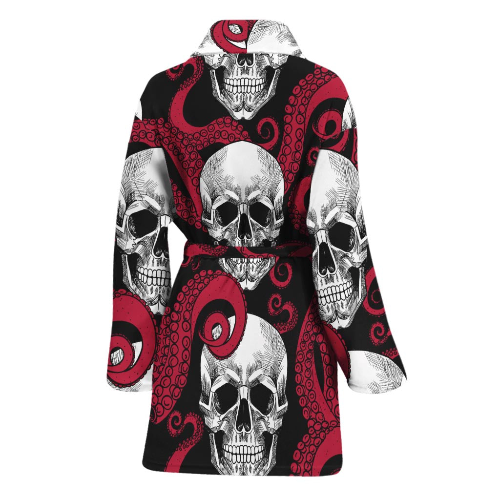 Red Octopus Skull Pattern Print Women's Bathrobe