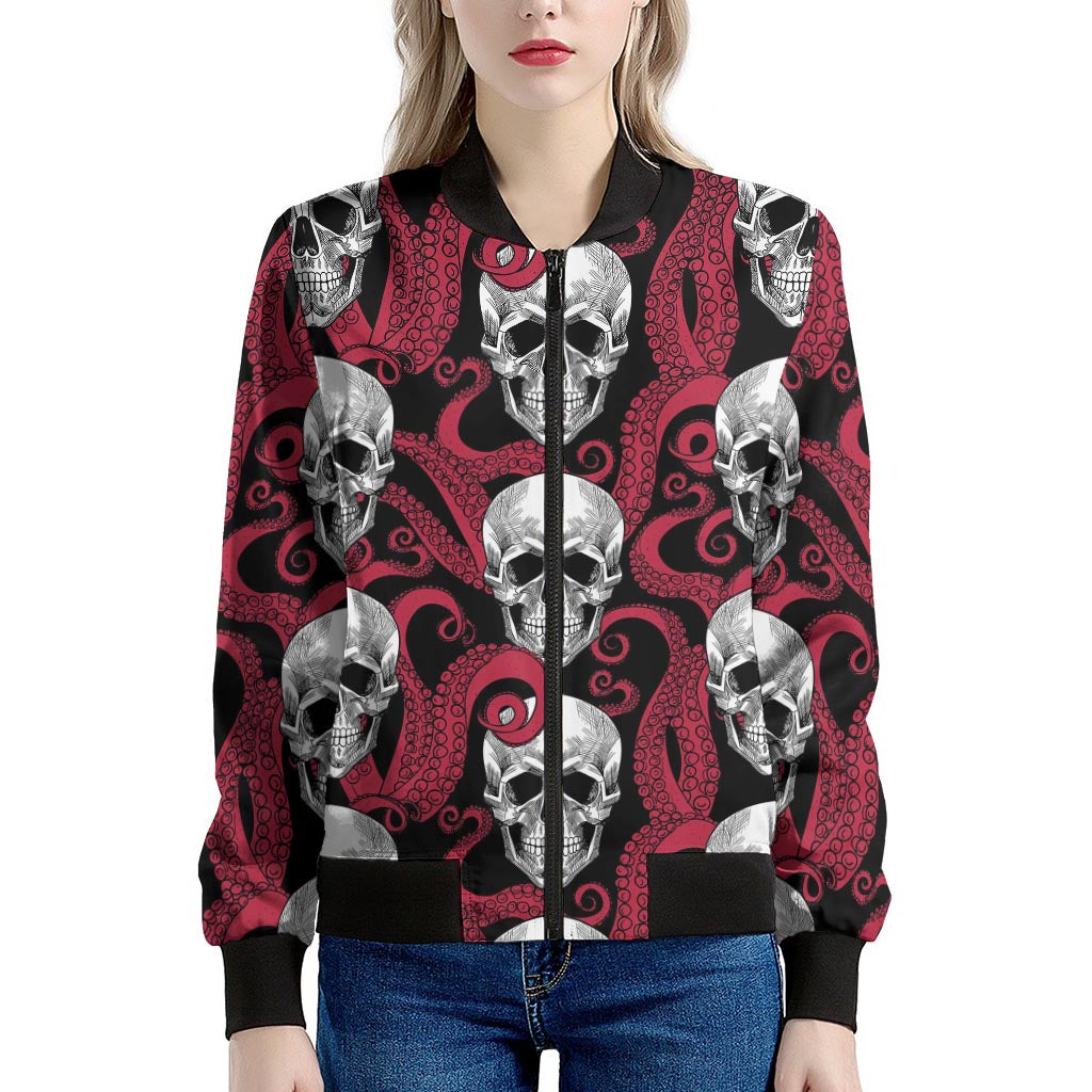 Red Octopus Skull Pattern Print Women's Bomber Jacket