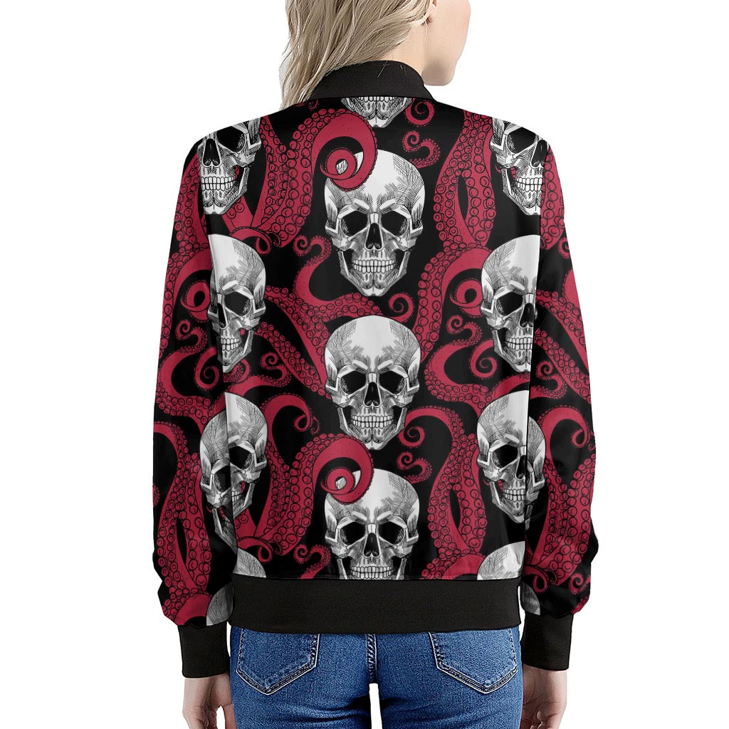 Red Octopus Skull Pattern Print Women's Bomber Jacket