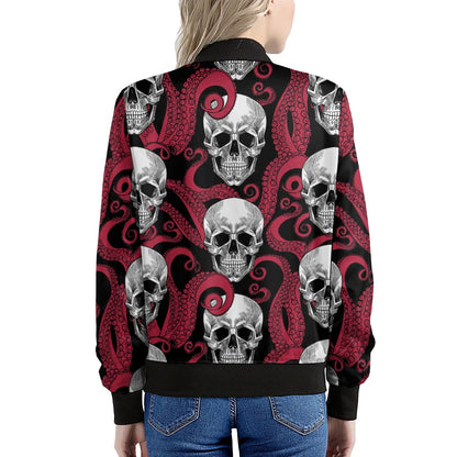 Red Octopus Skull Pattern Print Women's Bomber Jacket