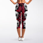 Red Octopus Skull Pattern Print Women's Capri Leggings