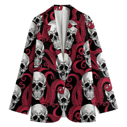 Red Octopus Skull Pattern Print Women's Cotton Blazer