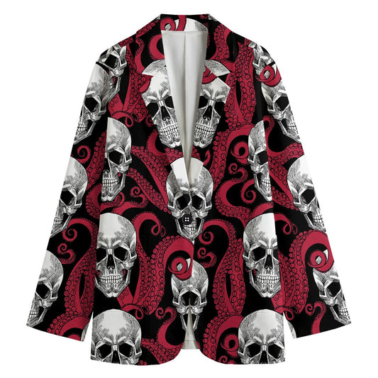 Red Octopus Skull Pattern Print Women's Cotton Blazer