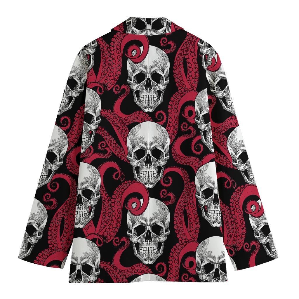 Red Octopus Skull Pattern Print Women's Cotton Blazer