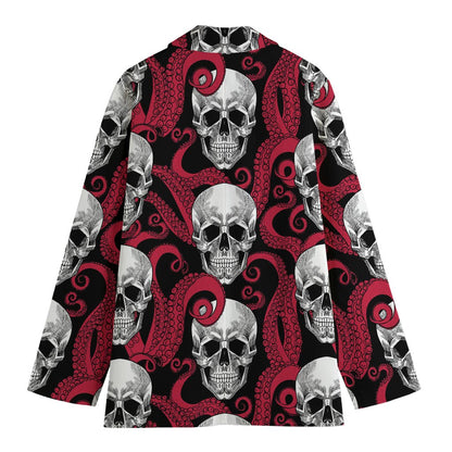 Red Octopus Skull Pattern Print Women's Cotton Blazer