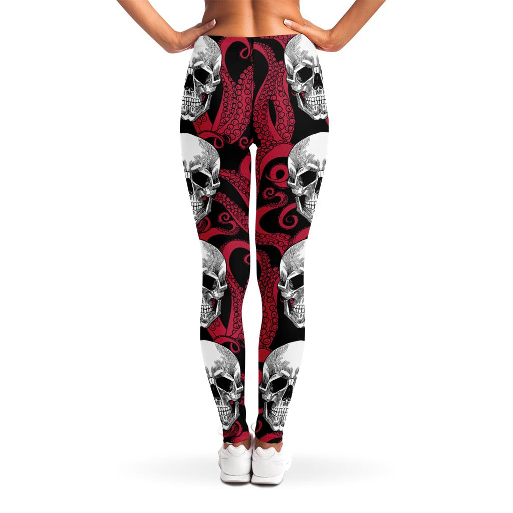 Red Octopus Skull Pattern Print Women's Leggings