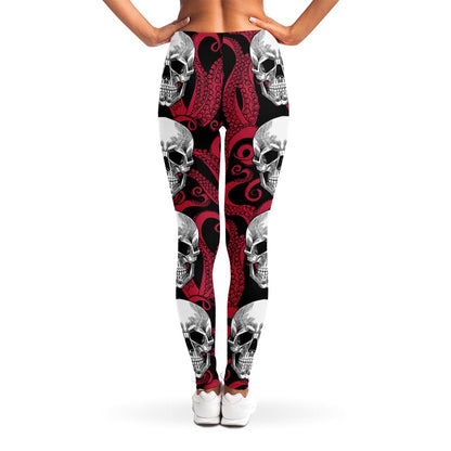 Red Octopus Skull Pattern Print Women's Leggings