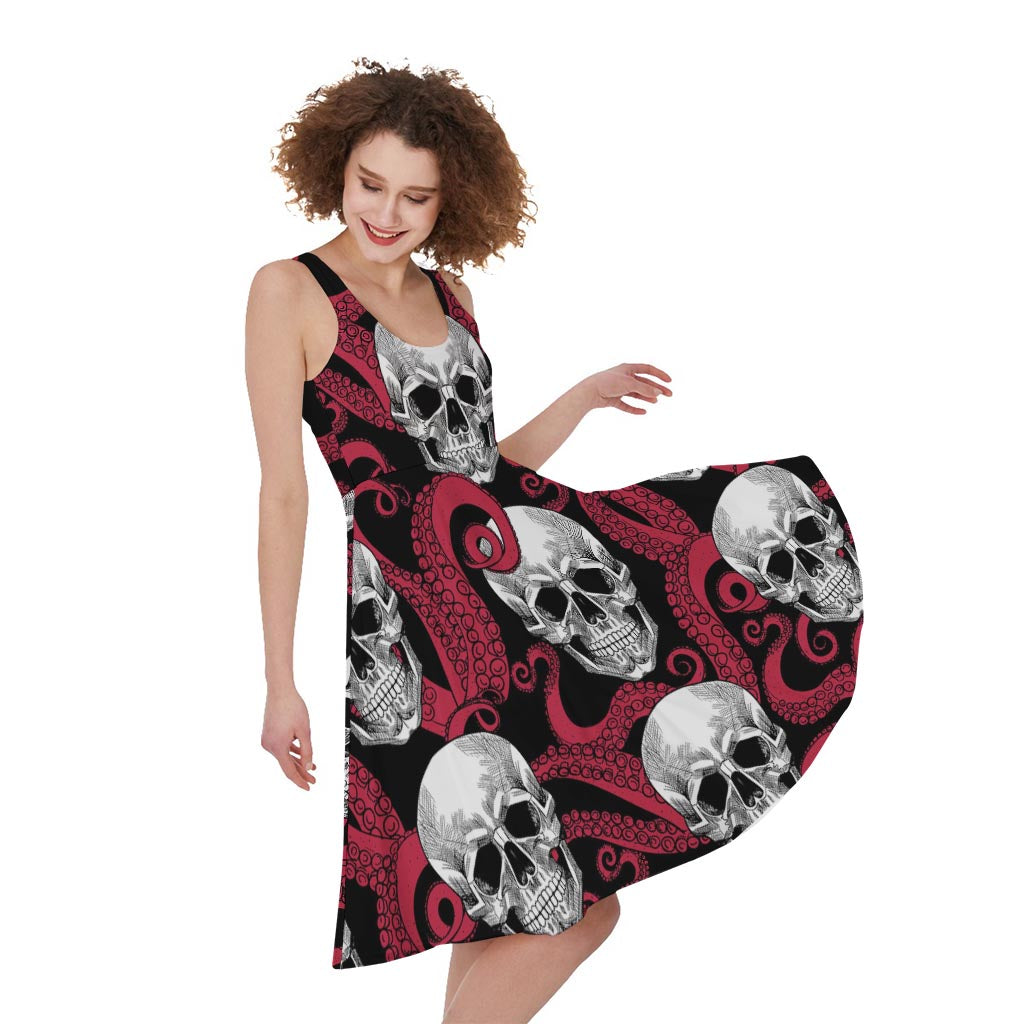 Red Octopus Skull Pattern Print Women's Sleeveless Dress