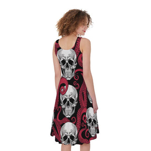 Red Octopus Skull Pattern Print Women's Sleeveless Dress