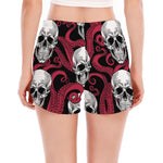 Red Octopus Skull Pattern Print Women's Split Running Shorts