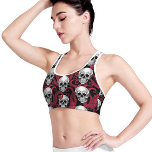 Red Octopus Skull Pattern Print Women's Sports Bra