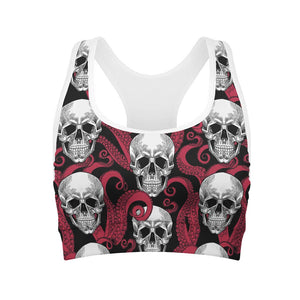 Red Octopus Skull Pattern Print Women's Sports Bra