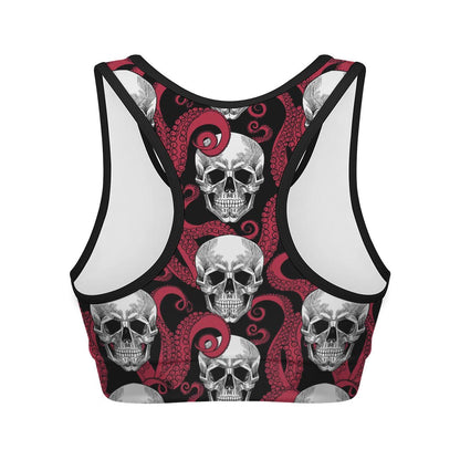 Red Octopus Skull Pattern Print Women's Sports Bra