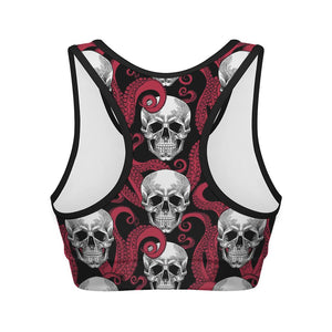 Red Octopus Skull Pattern Print Women's Sports Bra