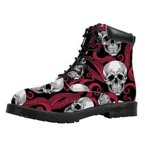 Red Octopus Skull Pattern Print Work Boots