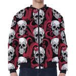 Red Octopus Skull Pattern Print Zip Sleeve Bomber Jacket