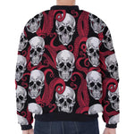 Red Octopus Skull Pattern Print Zip Sleeve Bomber Jacket