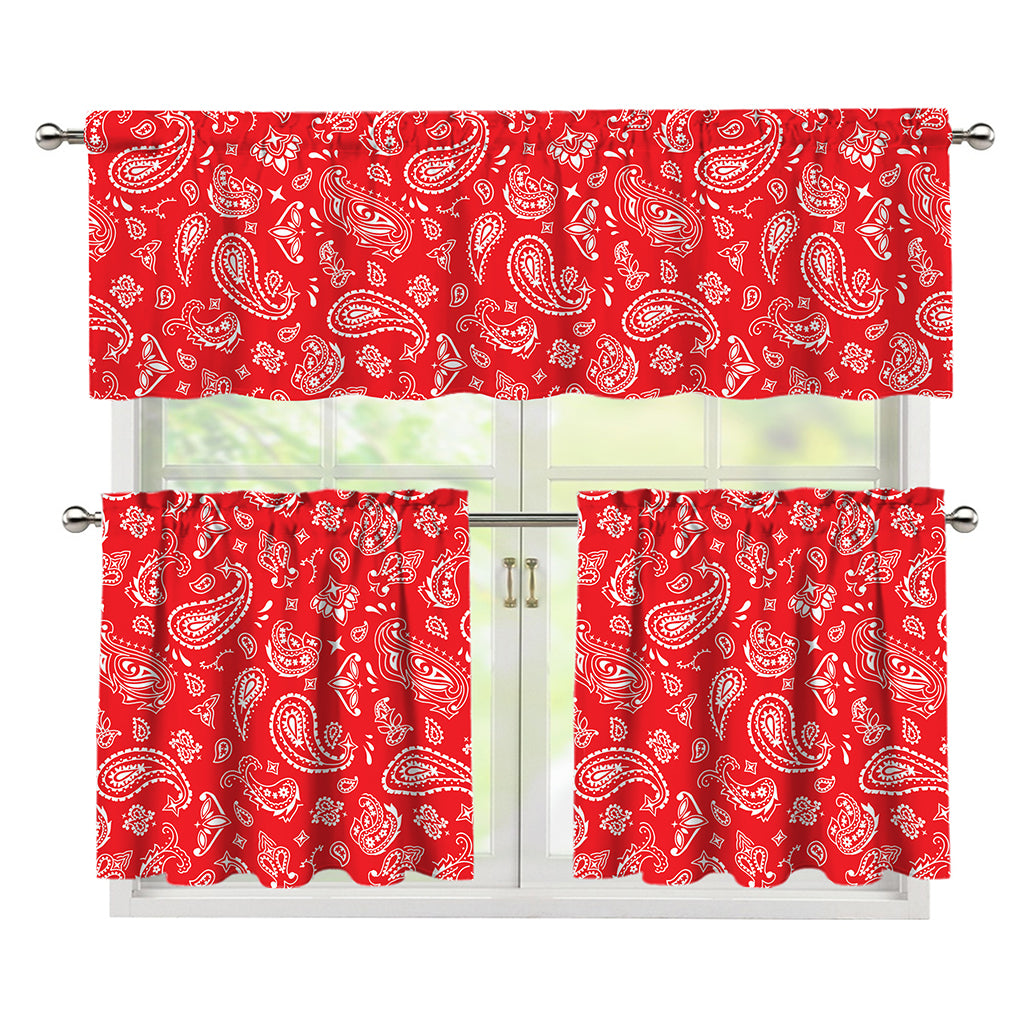 Red Paisley Bandana Pattern Print 3 Piece Kitchen Curtains