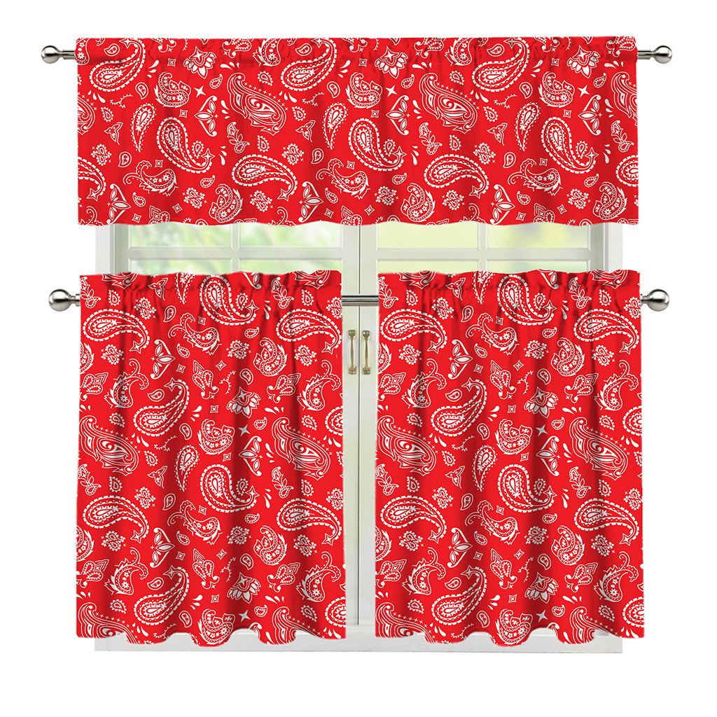 Red Paisley Bandana Pattern Print 3 Piece Kitchen Curtains