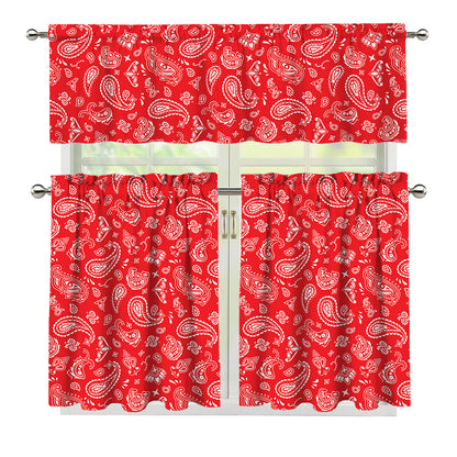 Red Paisley Bandana Pattern Print 3 Piece Kitchen Curtains