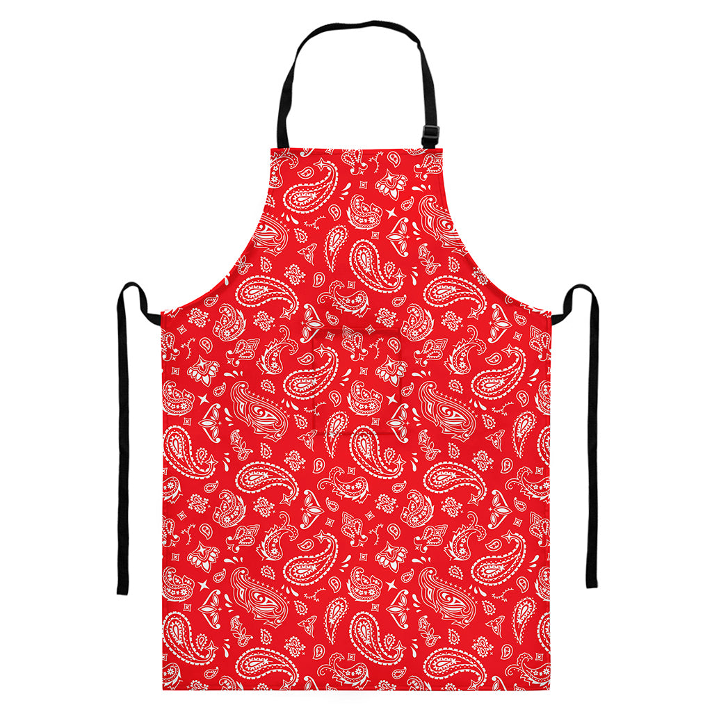 Red Paisley Bandana Pattern Print Bib Apron With Pocket