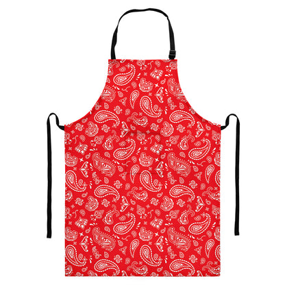 Red Paisley Bandana Pattern Print Bib Apron With Pocket