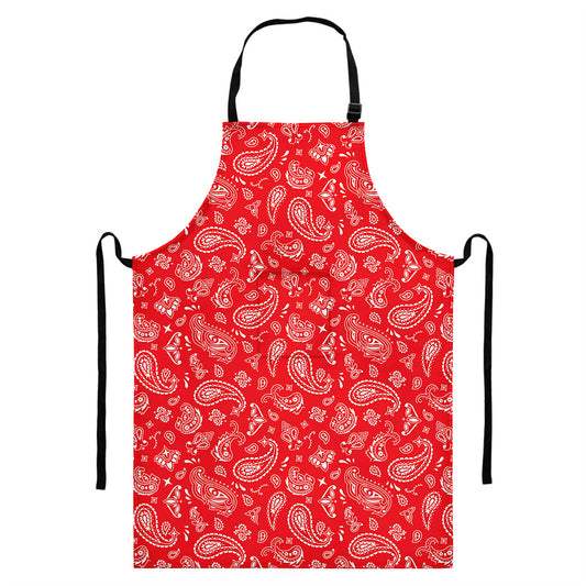 Red Paisley Bandana Pattern Print Bib Apron With Pocket