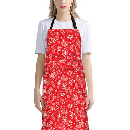 Red Paisley Bandana Pattern Print Bib Apron With Pocket
